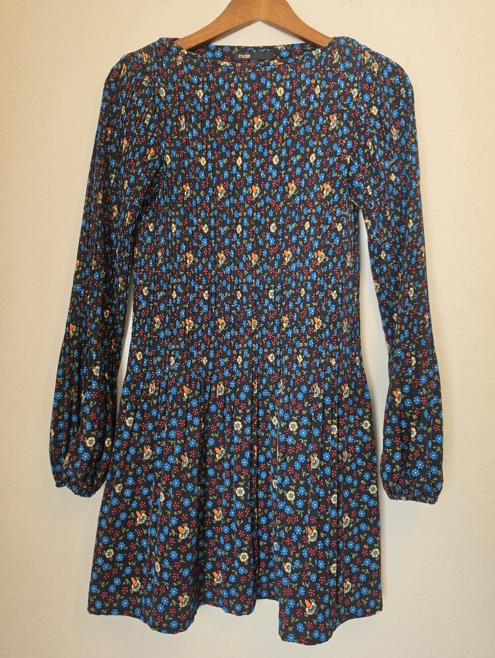 Maje Rockina Pleated Mini Dress Womens Medium Black Blue Red Yellow Floral